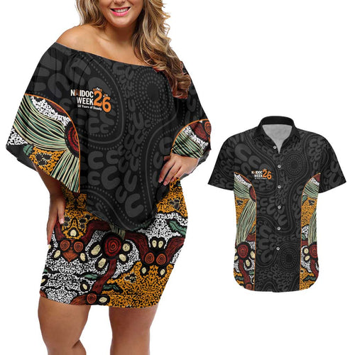 Personalised NAIDOC Deadly 50 Years Couples Matching Off Shoulder Short Dress and Hawaiian Shirt Minimalist Aboriginal Art