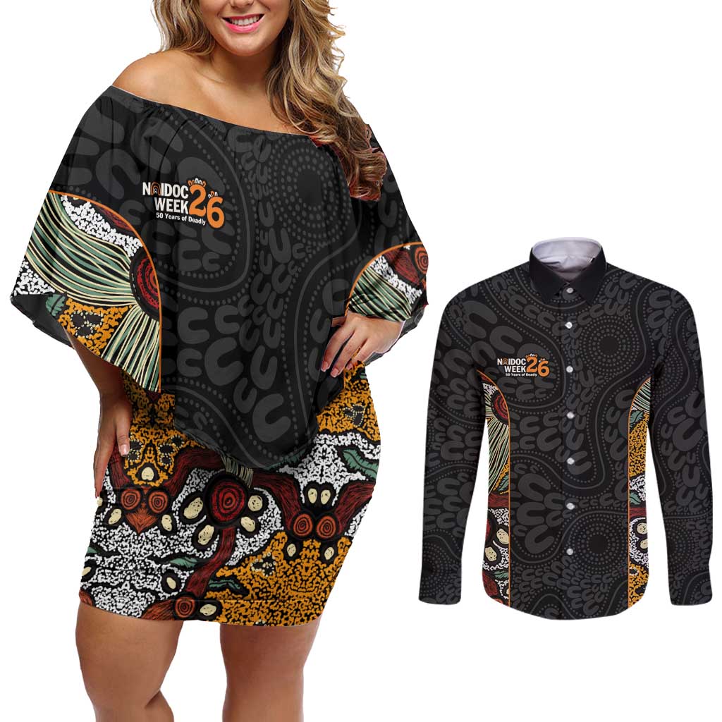 Personalised NAIDOC Deadly 50 Years Couples Matching Off Shoulder Short Dress and Long Sleeve Button Shirt Minimalist Aboriginal Art