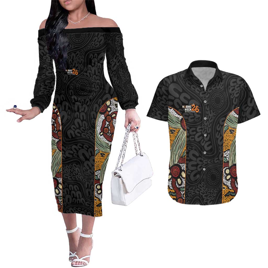 Personalised NAIDOC Deadly 50 Years Couples Matching Off The Shoulder Long Sleeve Dress and Hawaiian Shirt Minimalist Aboriginal Art