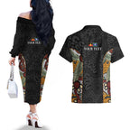Personalised NAIDOC Deadly 50 Years Couples Matching Off The Shoulder Long Sleeve Dress and Hawaiian Shirt Minimalist Aboriginal Art
