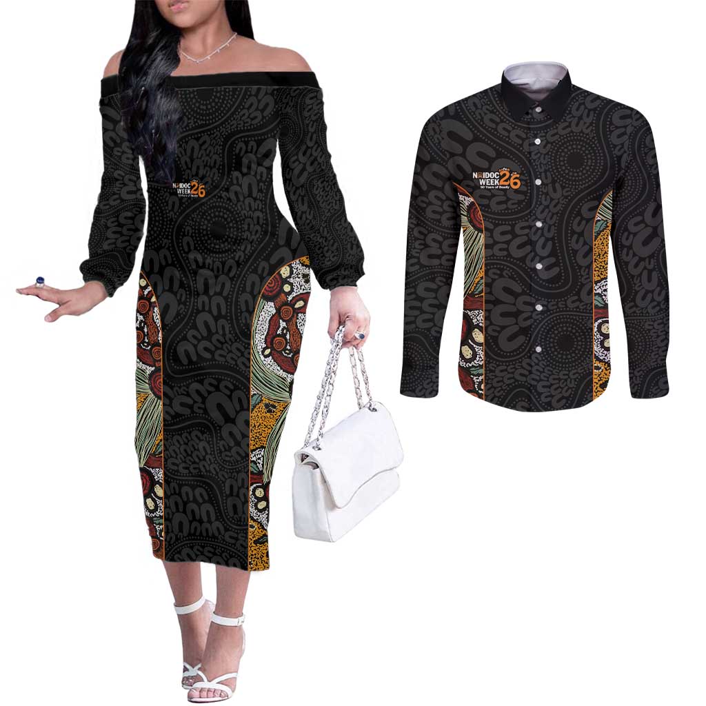 Personalised NAIDOC Deadly 50 Years Couples Matching Off The Shoulder Long Sleeve Dress and Long Sleeve Button Shirt Minimalist Aboriginal Art
