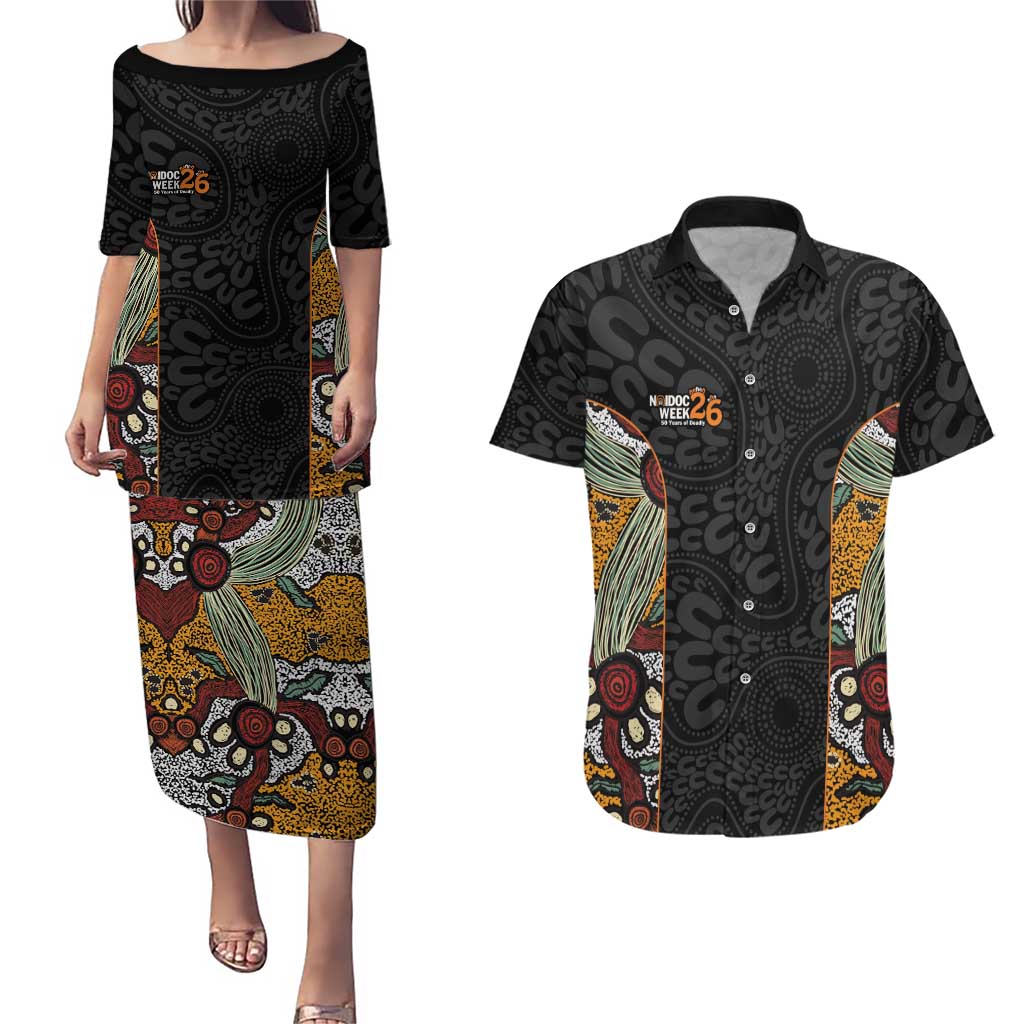 Personalised NAIDOC Deadly 50 Years Couples Matching Puletasi and Hawaiian Shirt Minimalist Aboriginal Art