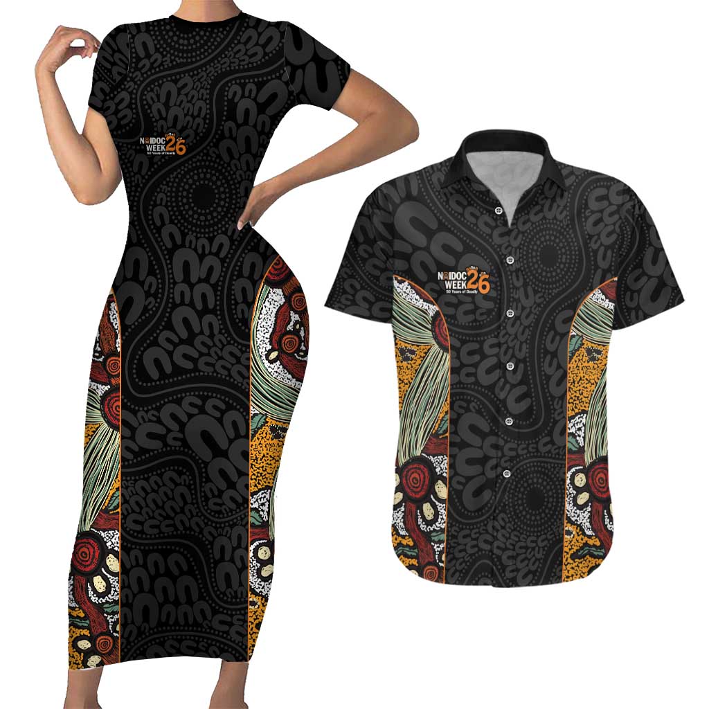Personalised NAIDOC Deadly 50 Years Couples Matching Short Sleeve Bodycon Dress and Hawaiian Shirt Minimalist Aboriginal Art