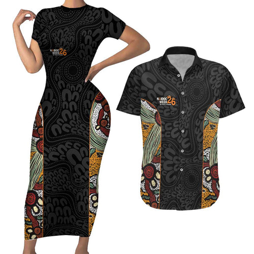 Personalised NAIDOC Deadly 50 Years Couples Matching Short Sleeve Bodycon Dress and Hawaiian Shirt Minimalist Aboriginal Art