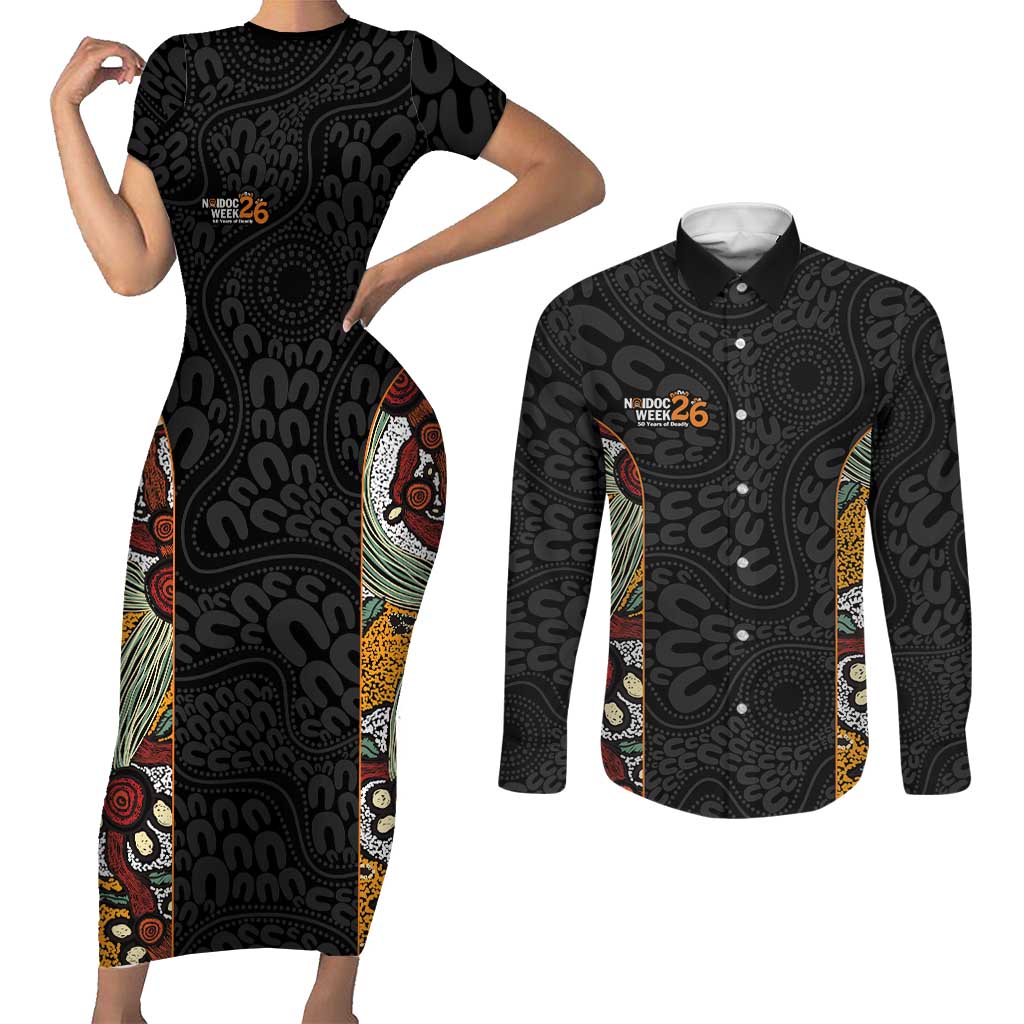 Personalised NAIDOC Deadly 50 Years Couples Matching Short Sleeve Bodycon Dress and Long Sleeve Button Shirt Minimalist Aboriginal Art