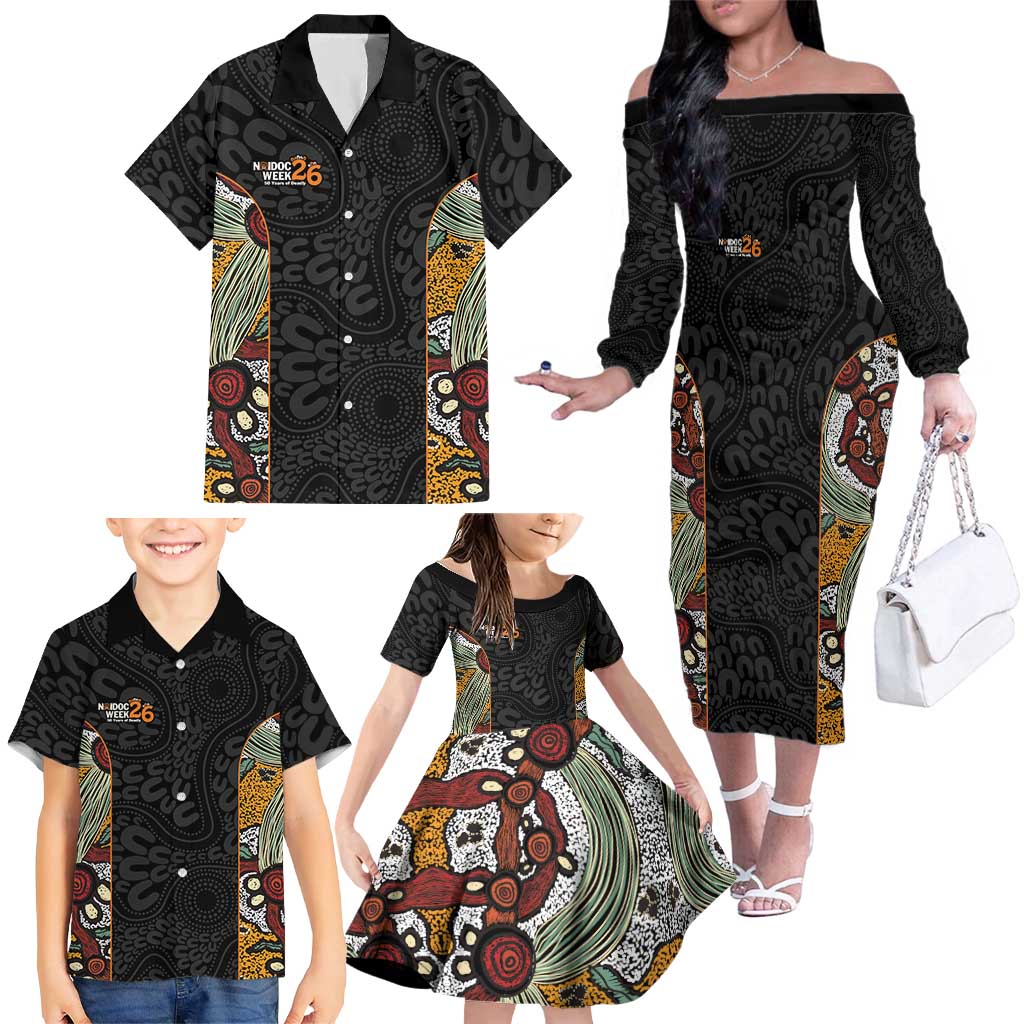 Personalised NAIDOC Deadly 50 Years Family Matching Off The Shoulder Long Sleeve Dress and Hawaiian Shirt Minimalist Aboriginal Art