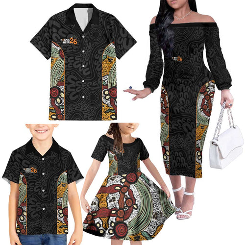 Personalised NAIDOC Deadly 50 Years Family Matching Off The Shoulder Long Sleeve Dress and Hawaiian Shirt Minimalist Aboriginal Art