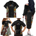 Personalised NAIDOC Deadly 50 Years Family Matching Off The Shoulder Long Sleeve Dress and Hawaiian Shirt Minimalist Aboriginal Art