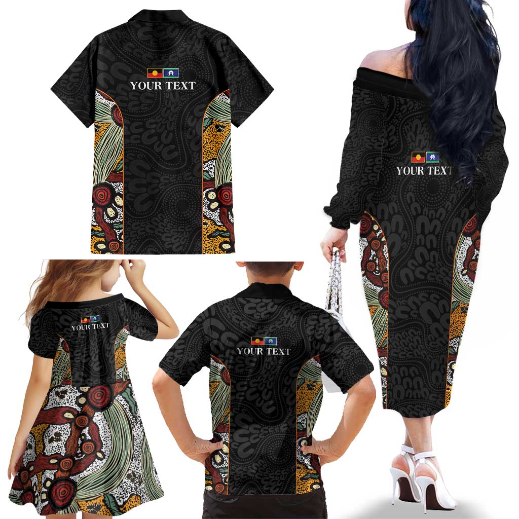 Personalised NAIDOC Deadly 50 Years Family Matching Off The Shoulder Long Sleeve Dress and Hawaiian Shirt Minimalist Aboriginal Art