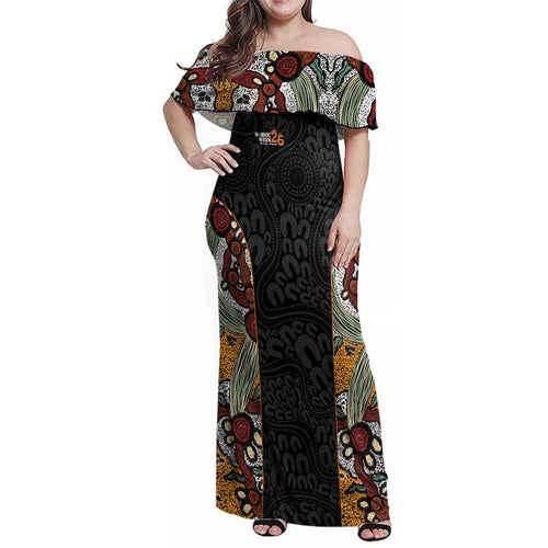 Personalised NAIDOC Deadly 50 Years Family Matching Off Shoulder Maxi Dress and Hawaiian Shirt Minimalist Aboriginal Art