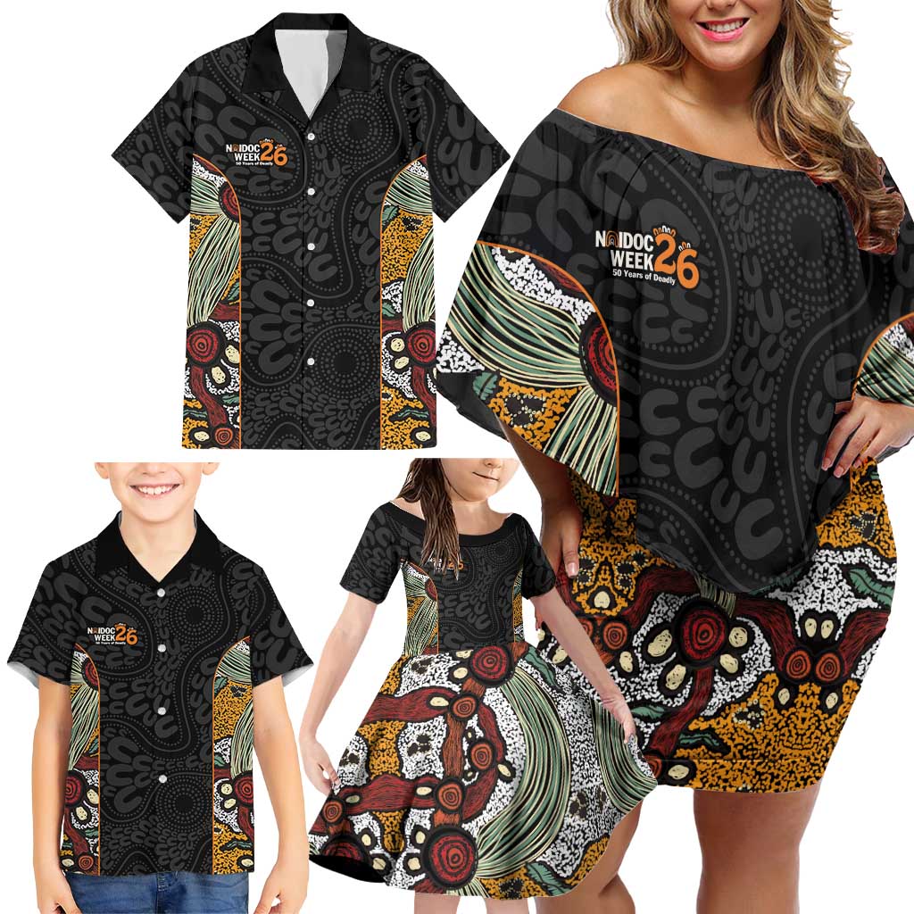 Personalised NAIDOC Deadly 50 Years Family Matching Off Shoulder Short Dress and Hawaiian Shirt Minimalist Aboriginal Art