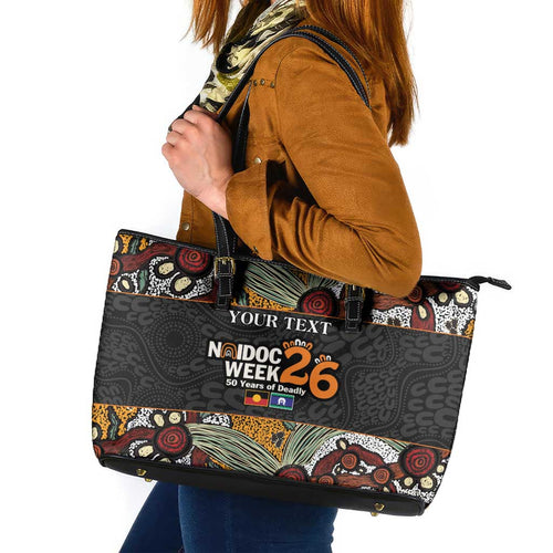 Personalised NAIDOC Deadly 50 Years Leather Tote Bag Minimalist Aboriginal Art