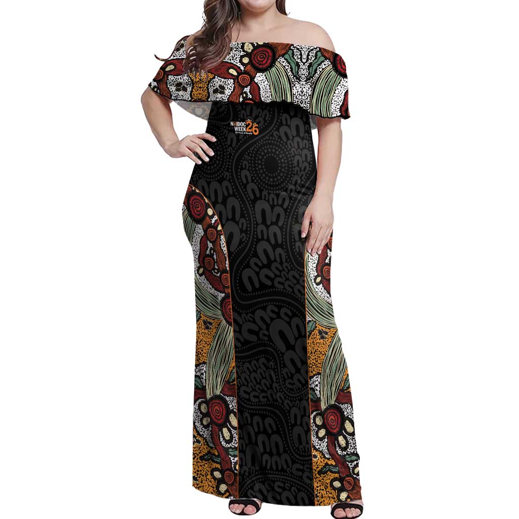 Personalised NAIDOC Deadly 50 Years Off Shoulder Maxi Dress Minimalist Aboriginal Art