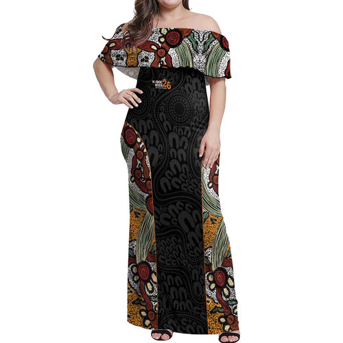 Personalised NAIDOC Deadly 50 Years Off Shoulder Maxi Dress Minimalist Aboriginal Art