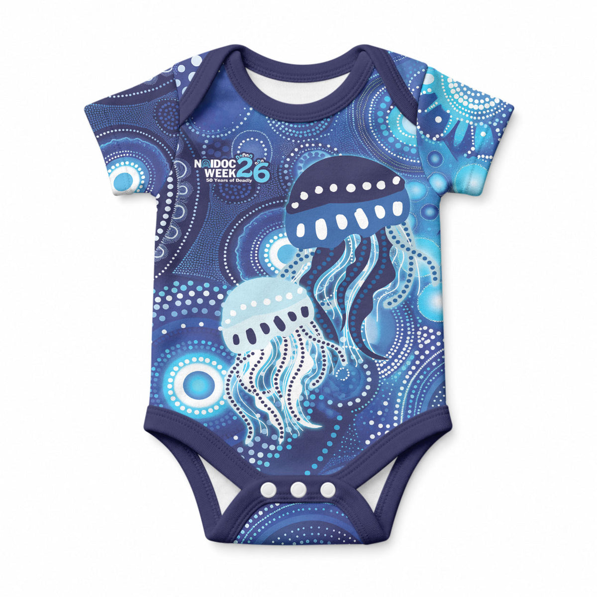 NAIDOC Deadly 50 Years Baby Onesie Jellyfish Aboriginal Culture Inspired Blue