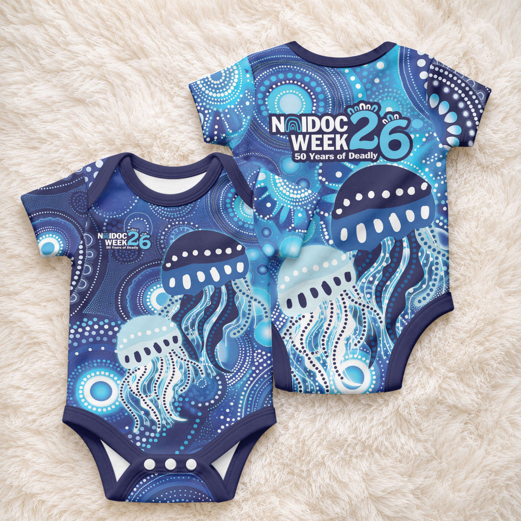 NAIDOC Deadly 50 Years Baby Onesie Jellyfish Aboriginal Culture Inspired Blue
