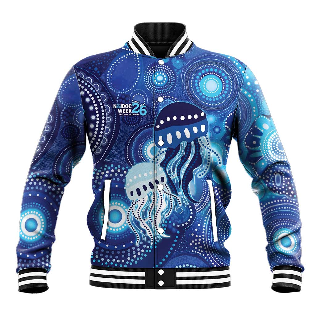 NAIDOC Deadly 50 Years Baseball Jacket Jellyfish Aboriginal Culture Inspired Blue