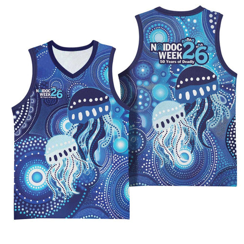 NAIDOC Deadly 50 Years Basketball Jersey Jellyfish Aboriginal Culture Inspired Blue