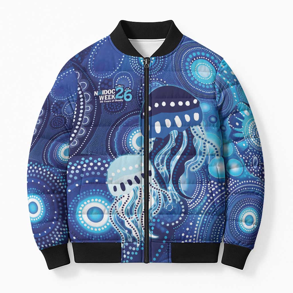 NAIDOC Deadly 50 Years Bomber Puffer Jacket Jellyfish Aboriginal Culture Inspired Blue