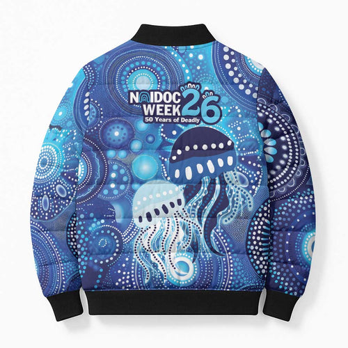 NAIDOC Deadly 50 Years Bomber Puffer Jacket Jellyfish Aboriginal Culture Inspired Blue