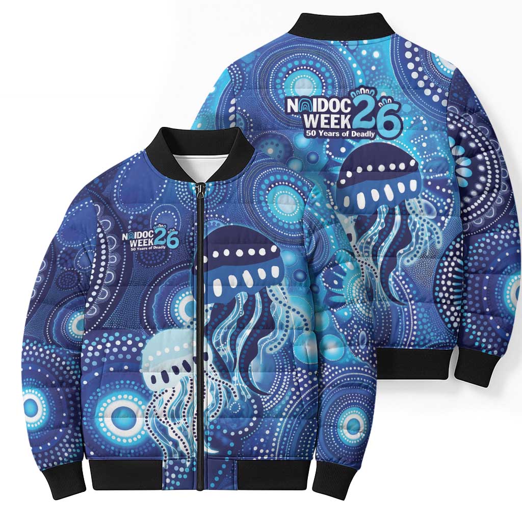 NAIDOC Deadly 50 Years Bomber Puffer Jacket Jellyfish Aboriginal Culture Inspired Blue