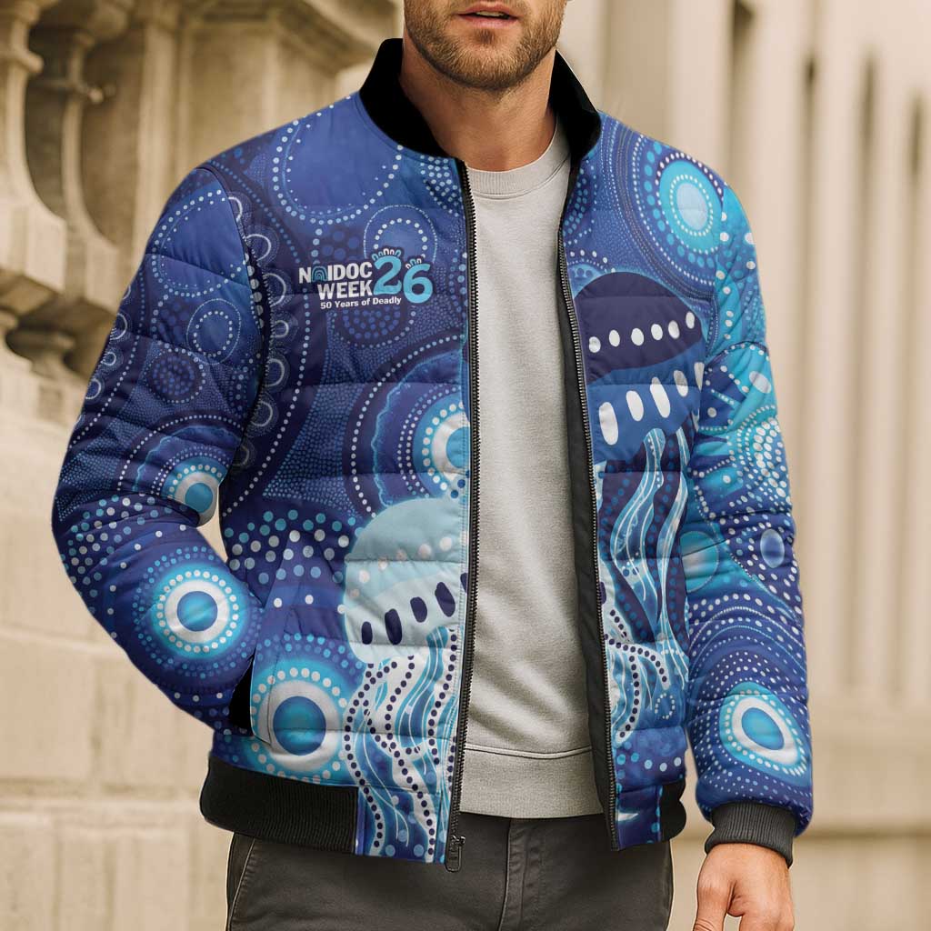 NAIDOC Deadly 50 Years Bomber Puffer Jacket Jellyfish Aboriginal Culture Inspired Blue