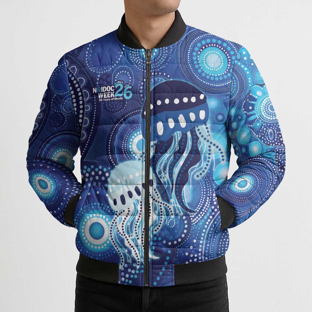 NAIDOC Deadly 50 Years Bomber Puffer Jacket Jellyfish Aboriginal Culture Inspired Blue