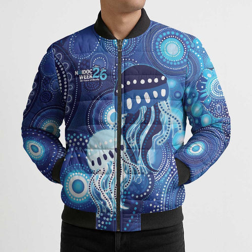 NAIDOC Deadly 50 Years Bomber Puffer Jacket Jellyfish Aboriginal Culture Inspired Blue