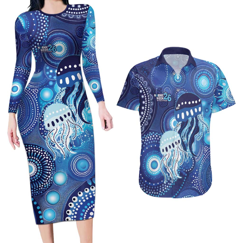 NAIDOC Deadly 50 Years Couples Matching Long Sleeve Bodycon Dress and Hawaiian Shirt Jellyfish Aboriginal Culture Inspired Blue