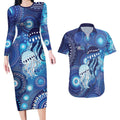 NAIDOC Deadly 50 Years Couples Matching Long Sleeve Bodycon Dress and Hawaiian Shirt Jellyfish Aboriginal Culture Inspired Blue