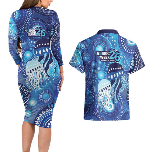 NAIDOC Deadly 50 Years Couples Matching Long Sleeve Bodycon Dress and Hawaiian Shirt Jellyfish Aboriginal Culture Inspired Blue