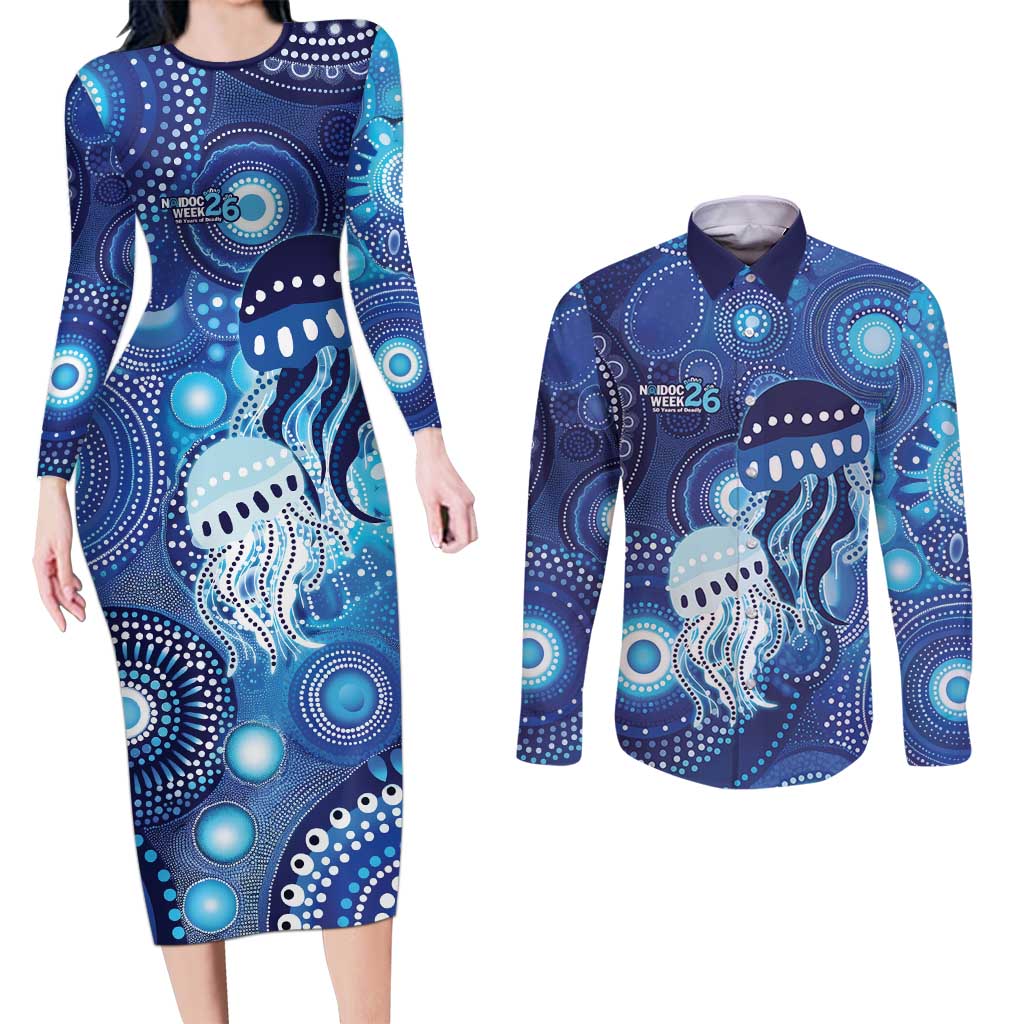NAIDOC Deadly 50 Years Couples Matching Long Sleeve Bodycon Dress and Long Sleeve Button Shirt Jellyfish Aboriginal Culture Inspired Blue