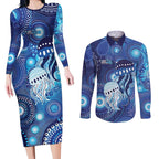 NAIDOC Deadly 50 Years Couples Matching Long Sleeve Bodycon Dress and Long Sleeve Button Shirt Jellyfish Aboriginal Culture Inspired Blue