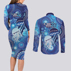NAIDOC Deadly 50 Years Couples Matching Long Sleeve Bodycon Dress and Long Sleeve Button Shirt Jellyfish Aboriginal Culture Inspired Blue