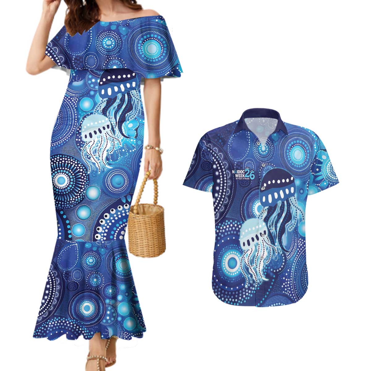 NAIDOC Deadly 50 Years Couples Matching Mermaid Dress and Hawaiian Shirt Jellyfish Aboriginal Culture Inspired Blue