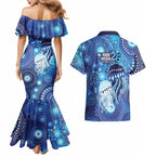 NAIDOC Deadly 50 Years Couples Matching Mermaid Dress and Hawaiian Shirt Jellyfish Aboriginal Culture Inspired Blue