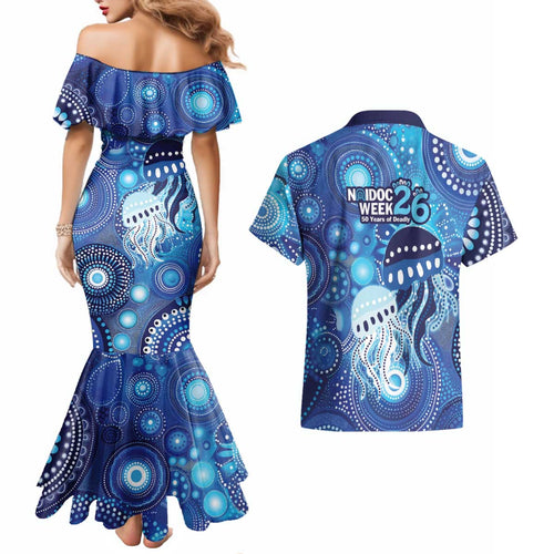 NAIDOC Deadly 50 Years Couples Matching Mermaid Dress and Hawaiian Shirt Jellyfish Aboriginal Culture Inspired Blue