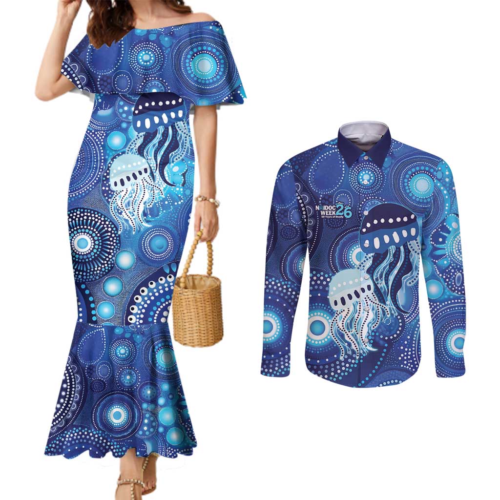 NAIDOC Deadly 50 Years Couples Matching Mermaid Dress and Long Sleeve Button Shirt Jellyfish Aboriginal Culture Inspired Blue