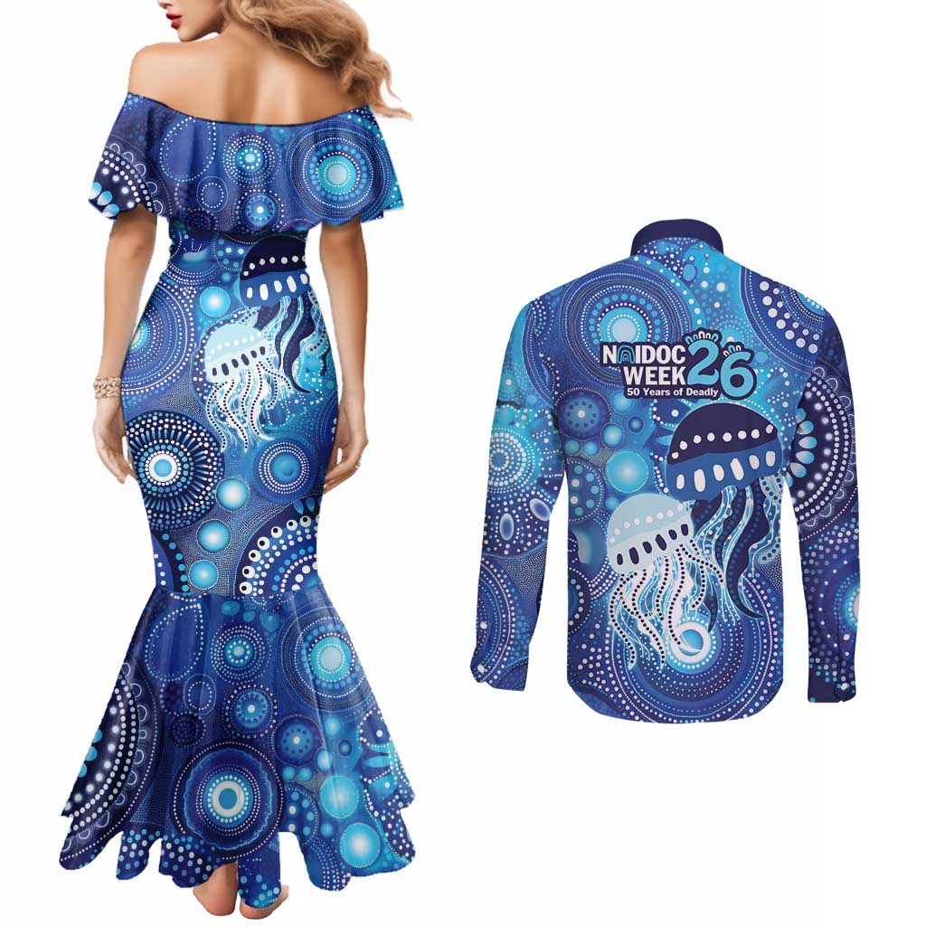 NAIDOC Deadly 50 Years Couples Matching Mermaid Dress and Long Sleeve Button Shirt Jellyfish Aboriginal Culture Inspired Blue