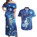 NAIDOC Deadly 50 Years Couples Matching Off Shoulder Maxi Dress and Hawaiian Shirt Jellyfish Aboriginal Culture Inspired Blue