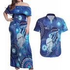 NAIDOC Deadly 50 Years Couples Matching Off Shoulder Maxi Dress and Hawaiian Shirt Jellyfish Aboriginal Culture Inspired Blue