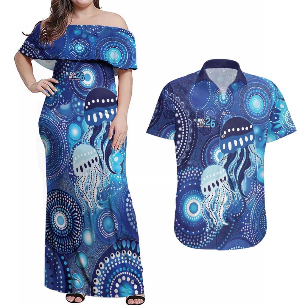 NAIDOC Deadly 50 Years Couples Matching Off Shoulder Maxi Dress and Hawaiian Shirt Jellyfish Aboriginal Culture Inspired Blue