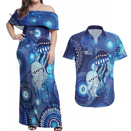 NAIDOC Deadly 50 Years Couples Matching Off Shoulder Maxi Dress and Hawaiian Shirt Jellyfish Aboriginal Culture Inspired Blue
