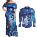 NAIDOC Deadly 50 Years Couples Matching Off Shoulder Maxi Dress and Long Sleeve Button Shirt Jellyfish Aboriginal Culture Inspired Blue