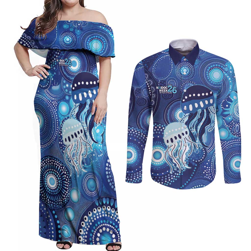 NAIDOC Deadly 50 Years Couples Matching Off Shoulder Maxi Dress and Long Sleeve Button Shirt Jellyfish Aboriginal Culture Inspired Blue