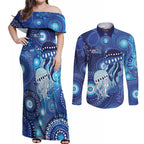 NAIDOC Deadly 50 Years Couples Matching Off Shoulder Maxi Dress and Long Sleeve Button Shirt Jellyfish Aboriginal Culture Inspired Blue