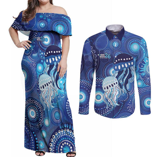 NAIDOC Deadly 50 Years Couples Matching Off Shoulder Maxi Dress and Long Sleeve Button Shirt Jellyfish Aboriginal Culture Inspired Blue