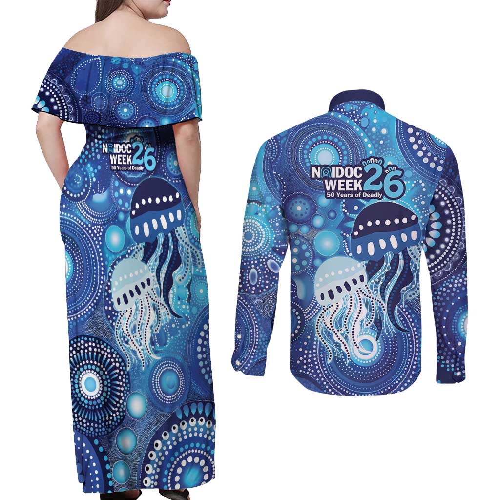 NAIDOC Deadly 50 Years Couples Matching Off Shoulder Maxi Dress and Long Sleeve Button Shirt Jellyfish Aboriginal Culture Inspired Blue