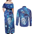NAIDOC Deadly 50 Years Couples Matching Off Shoulder Maxi Dress and Long Sleeve Button Shirt Jellyfish Aboriginal Culture Inspired Blue