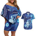 NAIDOC Deadly 50 Years Couples Matching Off Shoulder Short Dress and Hawaiian Shirt Jellyfish Aboriginal Culture Inspired Blue